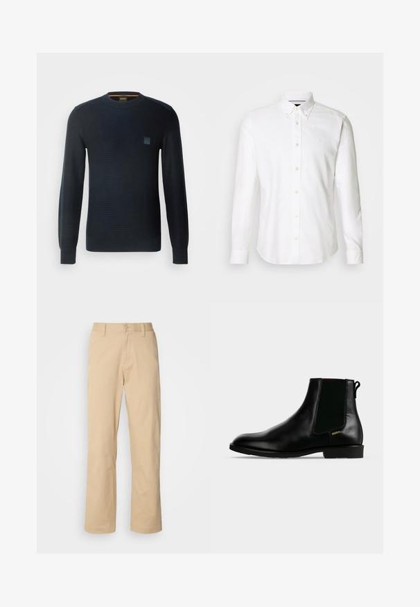 Gebreide donkerblauwe trui met lange mouwen, ronde hals, textuurstof en een klein logo-opnäher op de borst.; Witte lange mouwen overhemd met een button-down kraag, gemaakt van gladde stof, met een subtiel logo op de borst en knoopsluiting.; HUGO ZAYN - Broek - medium beige; Zwarte leren enkellaars met elastische zijpaneel, lage hak, trek lus aan de achterkant en klein gouden "HUGO" logo aan de buitenkant.