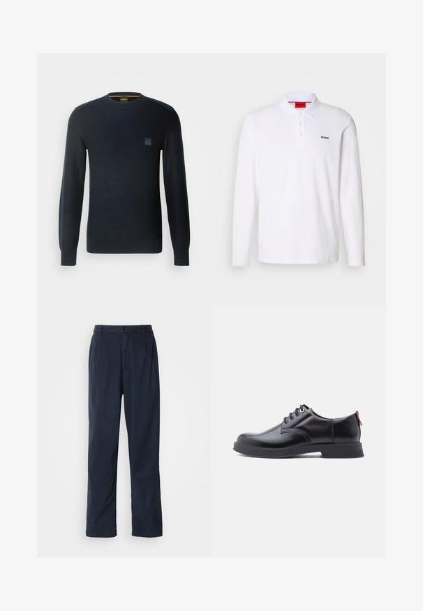 Suéter de punto azul marino con mangas largas, cuello redondo, tejido texturizado y un pequeño parche de logo en el pecho.; Camisa polo blanca de manga larga hecha de algodón con cuello, tapeta de tres botones y el logo negro "HUGO" en el lado izquierdo del pecho.; Pantalones azul marino de mezcla de algodón. Cuentan con un diseño de pierna recta, cierre frontal con boton, y pliegues sutiles. Textura suave.; Zapatos de piel negra con cordones, textura lisa, puntera redondeada y detalles sutiles de costura. Cuentan con una lengüeta roja en el talón.