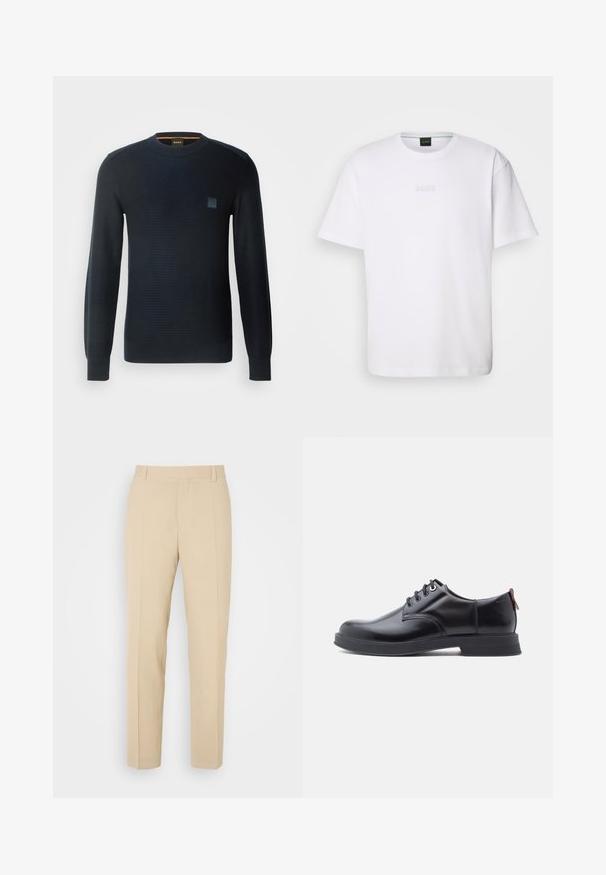 Gestreifter marineblauer Pullover mit langen Ärmeln, rundem Ausschnitt, strukturiertem Stoff und einem kleinen Logo-Patch auf der Brust.; Weißes Baumwoll-T-Shirt mit kurzen Ärmeln, rundem Ausschnitt und geprägtem "BOSS"-Logo auf der Brust. Glatte Textur, normale Passform.; Beige maßgeschneiderte Hosen mit geradem Bein, aus leichtem Stoff, mit zwei vorderen Taschen und ordentlich gebügelten Falten.; Schwarze Leder-Schnürschuhe mit glatter Textur, rundem Zehenbereich und dezenten Ziernähten. Mit einem roten Laschenband an der Ferse.
