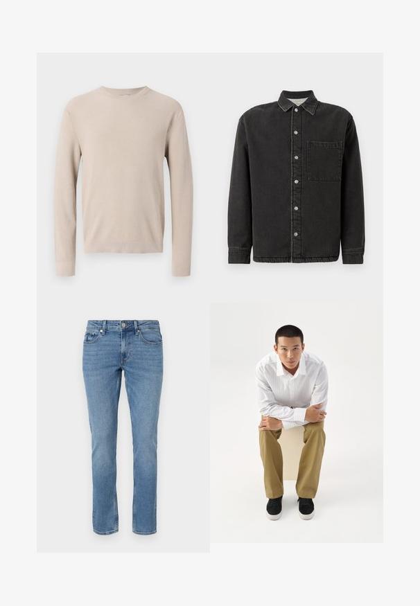 Pull beige à manches longues avec col rond, poignets et ourlet côtelés, présentant un motif en tricot texturé.; Chemise en denim noire avec un col, boutonnière à l'avant, poche poitrine unique et détail de couture visible le long des coutures.; Jean en denim bleu à jambes droites avec poches avant, passants de ceinture et fermeture à bouton.; Jeune homme en chemise blanche rayée et pantalon kaki assis penché en avant sur un tabouret, bras croisés, regardant droit devant sur un fond blanc.