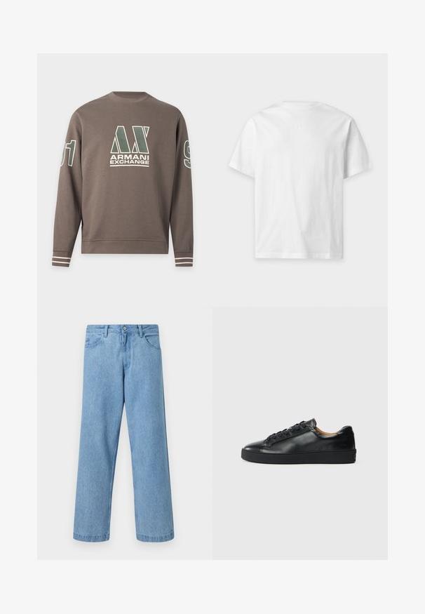 Sweat-shirt marron à manches longues avec le logo Armani Exchange sur la poitrine, le numéro 91 sur les manches et des rayures blanches aux poignets.; T-shirt blanc uni à manches courtes et col rond, présenté à plat sur un fond clair.; Jean en denim bleu clair à jambes droites avec poches devant, passants de ceinture et fermeture par bouton, sur fond uni.; Baskets en cuir noir avec une texture lisse, bout rond et fermeture à lacets. Comprend une semelle en caoutchouc épaisse et un minimum de détails de marque.