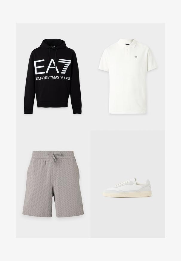 Μαύρο hoodie με λευκό λογότυπο EA7 και κείμενο Emporio Armani μπροστά, με μπροστινή τσέπη και κουκούλα με κορδόνι.; Λευκό πόλο με κοντά μανίκια, τρία κουμπιά και μικρό μαύρο λογότυπο στη αριστερή πλευρά του στήθους.; Ανοιχτό γκρι σορτς με υποτονικό γεωμετρικό μοτίβο "A" σε όλη την επιφάνεια, ελαστική μέση και μπροστινό κορδόνι.; Λευκό αθλητικό παπούτσι με επάνω μέρος από σουέτ και δέρμα με υφή. Διαθέτει στρογγυλή μύτη, κλείσιμο με κορδόνια και αντίθετη μπεζ καουτσούκ σόλα.
