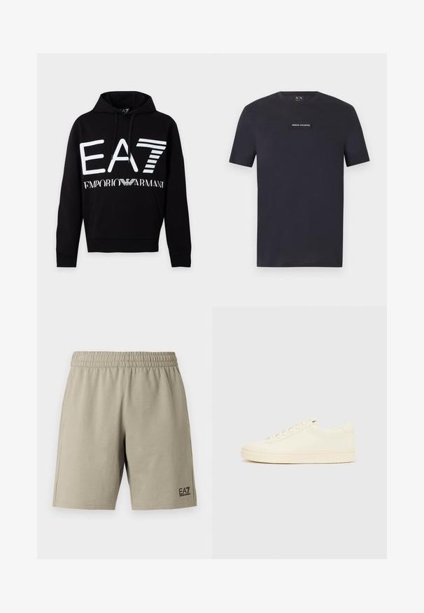 Μαύρο hoodie με λευκό λογότυπο EA7 και κείμενο Emporio Armani μπροστά, με μπροστινή τσέπη και κουκούλα με κορδόνι.; Μαύρο κοντομάνικο T-shirt με στρογγυλή λαιμόκοψη και την επιγραφή "Armani Exchange" στη μέση του στήθους.; Φωτεινά μπεζ σορτς φτιαγμένα από απαλό ύφασμα, με ελαστική μέση και πλαϊνές τσέπες. Περιλαμβάνουν ένα μικρό μαύρο λογότυπο στο κάτω μέρος του ποδιού.; Αθλητικό παπούτσι εκρού με λείο δερμάτινο πάνω μέρος, στρογγυλεμένη μύτη, κορδόνια στο μπροστινό μέρος και υφασμένο λαστιχένιο πέλμα. Μινιμαλιστικός σχεδιασμός, χωρίς λογότυπα.