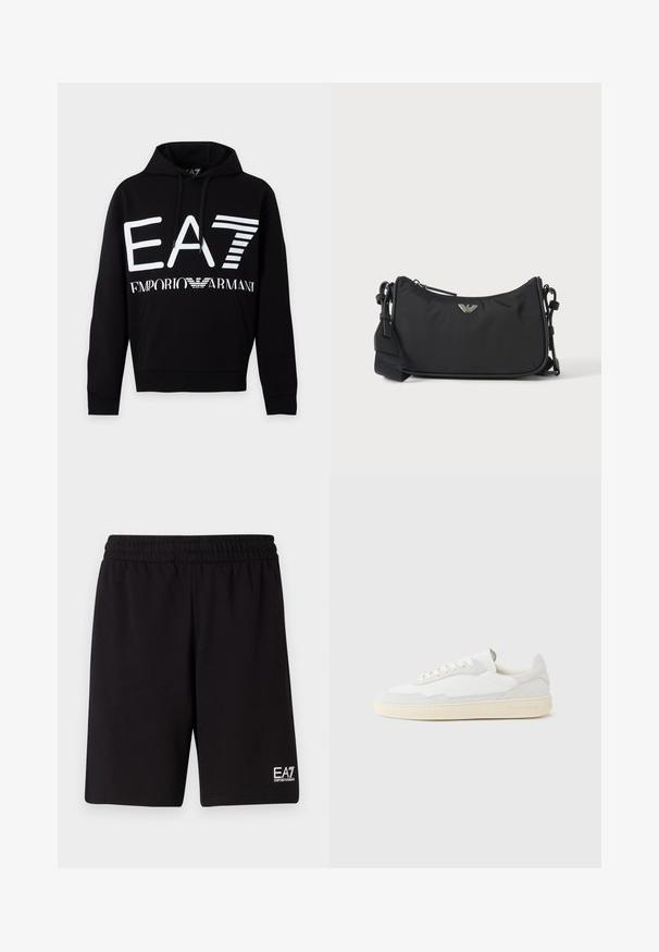Μαύρο hoodie με λευκό λογότυπο EA7 και κείμενο Emporio Armani μπροστά, με μπροστινή τσέπη και κουκούλα με κορδόνι.; Μαύρες αθλητικές βερμούδες φτιαγμένες από μαλακό ύφασμα, με ελαστική μέση και ένα μικρό λευκό λογότυπο στην κάτω δεξία πλευρά.; Λευκό αθλητικό παπούτσι με επάνω μέρος από σουέτ και δέρμα με υφή. Διαθέτει στρογγυλή μύτη, κλείσιμο με κορδόνια και αντίθετη μπεζ καουτσούκ σόλα.; Μαύρη ορθογώνια τσάντα χιαστί με ασημένιο λογότυπο της μάρκας και ρυθμιζόμενο λουράκι σε ανοιχτό φόντο.