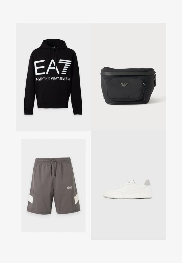 Μαύρο hoodie με λευκό λογότυπο EA7 και κείμενο Emporio Armani μπροστά, με μπροστινή τσέπη και κουκούλα με κορδόνι.; Γκρι σορτς με ελαστική μέση και κορδόνι, πλαϊνές τσέπες, λευκές ρίγες στα πόδια και λευκό λογότυπο EA7 Emporio Armani στο αριστερό μηρό.; Λευκό αθλητικό παπούτσι χαμηλού ύψους με γκρι ταμπ εφφέ στη φτέρνα, λευκά κορδόνια και υφή στη σόλα, απεικονιζόμενο σε απλό ανοιχτόχρωμο φόντο.; Μαύρο τσαντάκι μέσης με μπροστινή τσέπη με φερμουάρ και ασημένιο λογότυπο αετού, λείο ύφασμα με υφή στο τελείωμα και στα τρέσα φερμουάρ.