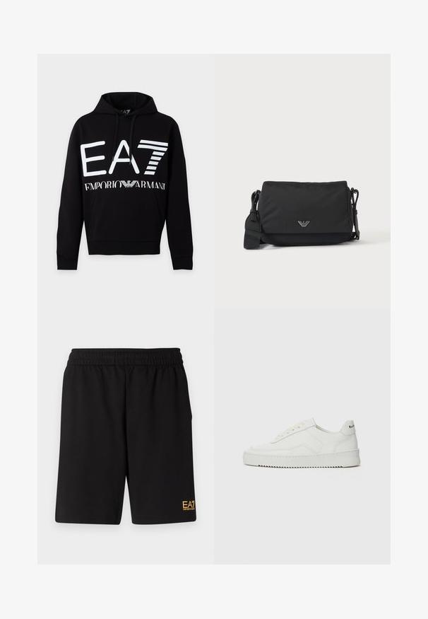 Μαύρο hoodie με λευκό λογότυπο EA7 και κείμενο Emporio Armani μπροστά, με μπροστινή τσέπη και κουκούλα με κορδόνι.; Μαύρες αθλητικές βερμούδες από μαλακό ύφασμα, με ελαστική μέση και μικρό λογότυπο EA7 στο κάτω αριστερό πόδι.; Λευκό δερμάτινο sneakers με λείο φινίρισμα, στρογγυλή μύτη, επίπεδα κορδόνια και υφή στην σόλα. Φέρει μια διακριτική λογότυπο στη φτέρνα.; Μαύρη τσάντα ώμου με ρυθμιζόμενο λουράκι και μικρό ασημί λογότυπο στην εμπρόσθια επικάλυψη, εμφανιζόμενη σε απλό φωτεινό φόντο.