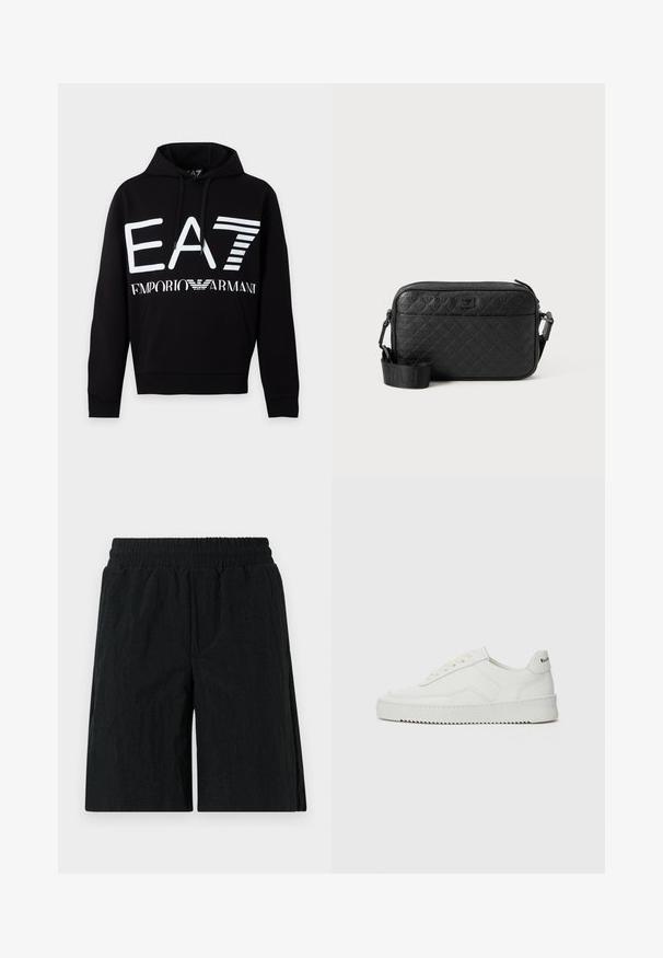 Μαύρο hoodie με λευκό λογότυπο EA7 και κείμενο Emporio Armani μπροστά, με μπροστινή τσέπη και κουκούλα με κορδόνι.; Μαύρες βερμούδες με ελαστική ζώνη, με υφή υφάσματος, μήκους μέχρι το γόνατο και πλευρικές τσέπες.; Λευκό δερμάτινο sneakers με λείο φινίρισμα, στρογγυλή μύτη, επίπεδα κορδόνια και υφή στην σόλα. Φέρει μια διακριτική λογότυπο στη φτέρνα.; Μαύρη υφασμάτινη τσάντα χιαστί με ανάγλυφο γεωμετρικό σχέδιο και ρυθμιζόμενο λουρί που φέρει το λογότυπο της μάρκας.
