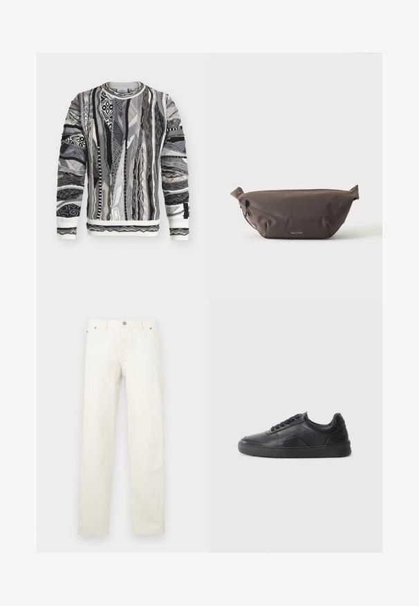 Pull en maille à manches longues avec des rayures verticales texturées multicolores dans des nuances de noir, gris et blanc, avec un col rond et des poignets côtelés.; Jean blanc à jambe droite en denim, doté d'une braguette à boutons, de passants pour ceinture et de cinq poches. Le tissu présente une texture lisse.; Chaussure de sport en cuir noir avec une finition lisse, bout arrondi, panneau latéral texturé et lacets noirs. Présente une semelle en caoutchouc plate et un design minimaliste.; Sac banane en tissu marron foncé avec poche zippée en diagonale et petit logo blanc sur le devant, sur un fond clair uni.