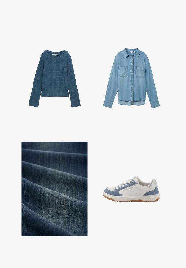 Blå strikket sweater med rund halsudskæring, struktureret mønster, lange ærmer og ribbet kant. Afslappet design, blødt materiale, letvægts.; Lysblå denimskjorte med lange ærmer, knaplukning og to forlommer. Har en klassisk krave og en let buet kant.; Denimstof i mørkeblå, der har en blød tekstur med synlige vævemønstre og subtile højdepunkter, draperet i folder.; Hvid og lyseblå sneaker med overdel i ruskind og læder, rund snude, snørelukning foran og gummisål med brunt mønster til trækkraft.