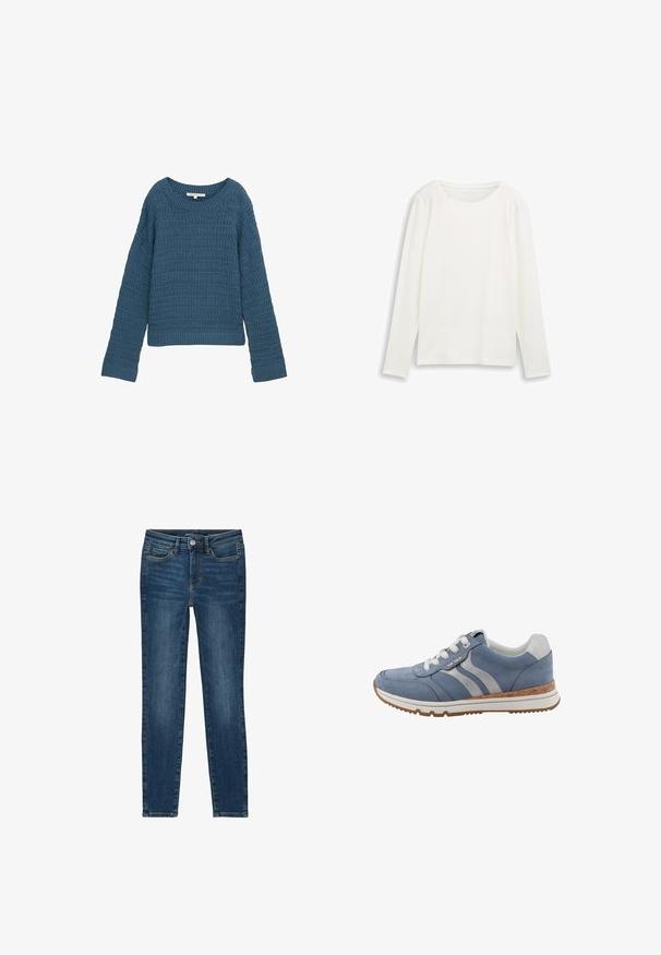 Blå strikket sweater med rund halsudskæring, struktureret mønster, lange ærmer og ribbet kant. Afslappet design, blødt materiale, letvægts.; Hvid langærmet t-shirt i blødt materiale med rund halsudskæring og lige snit, med sideslidser ved kanten for nem bevægelse.; Slanke jeans lavet af mørkeblå denim, med et klassisk fem-lomme-design, lige syninger og en knap- samt lynlåslukning.; Blå ruskindssneaker med grå accenter, hvide snørebånd og en tekstureret kork-mellemsål. Har en rund tå og gummiydersål.