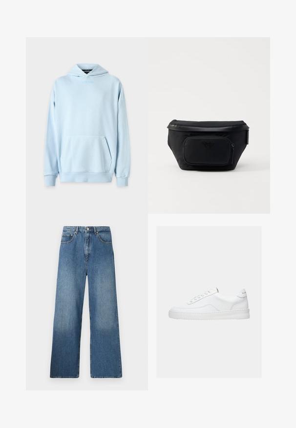 Hoodie de color azul claro con un bolsillo frontal, puños acanalados y un logo bordado en el pecho. Fabricado en un suave tejido de mezcla de algodón.; Jeans de denim azul de pernera ancha con un diseño clásico de cinco bolsillos, cierre frontal con botón y un ligero desgastado para dar textura.; Zapatilla deportiva blanca de corte bajo con diseño con cordones, parte superior de cuero liso y suela gruesa, vista de lado sobre un fondo liso.; Bolsa negra de nailon con un bolsillo delantero con cremallera, presenta una textura lisa y un acento de logo. Diseño estructurado con una tapa plegable.