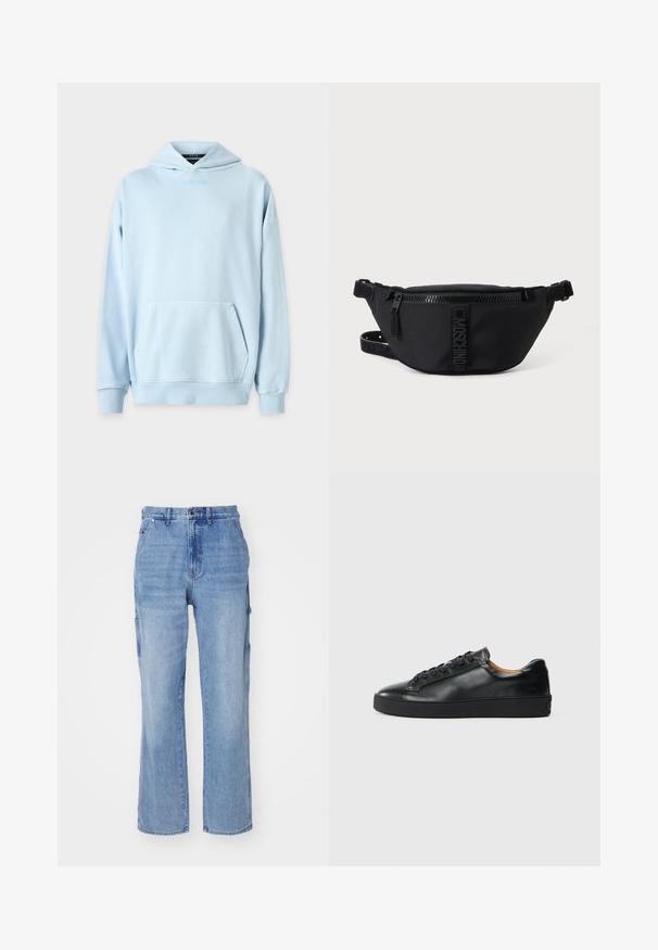 Helles blaues Hoodie mit einer Fronttasche, gerippten Bündchen und einem gestickten Logo auf der Brust. Hergestellt aus einem weichen Baumwoll-Mischgewebe.; Hellblau Jeans-Cargo-Hose mit geradem Beinansatz, ausgestattet mit Seitentaschen und einem Knopfverschluss. Weiche Textur und ausgewaschener Look.; Schwarze Leder-Sneaker mit glatter Textur, runder Zehenpartie und Schnürverschluss. Verfügt über eine dicke Gummisohle und minimalistische Marken-Details.; Schwarze Moschino Bauchtasche mit Frontreißverschluss und verstellbarem Riemen auf einfachem hellem Hintergrund.
