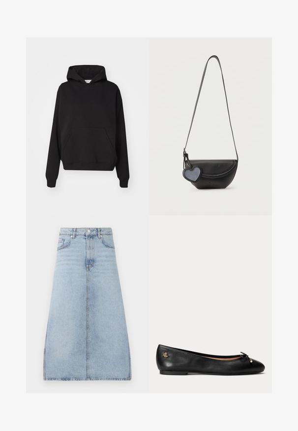 Gina Tricot ICONIC HOODIE - Kapuzenpullover - black; Helle blaue Jeans-Midirock mit Frontknopf- und Reißverschluss, seitlichen Taschen und Gürtelschlaufen, auf einem weißen Hintergrund präsentiert.; Schwarzer Leder-Ballerina mit kleinem Schleifchen und goldfarbenem Logo-Detail an der Ferse, flache Sohle und abgerundete Spitze.; Schwarze Leder-Umhängetasche mit abgerundeter Klappe und einem hängenden herzförmigen Anhänger auf einfachem hellem Hintergrund.