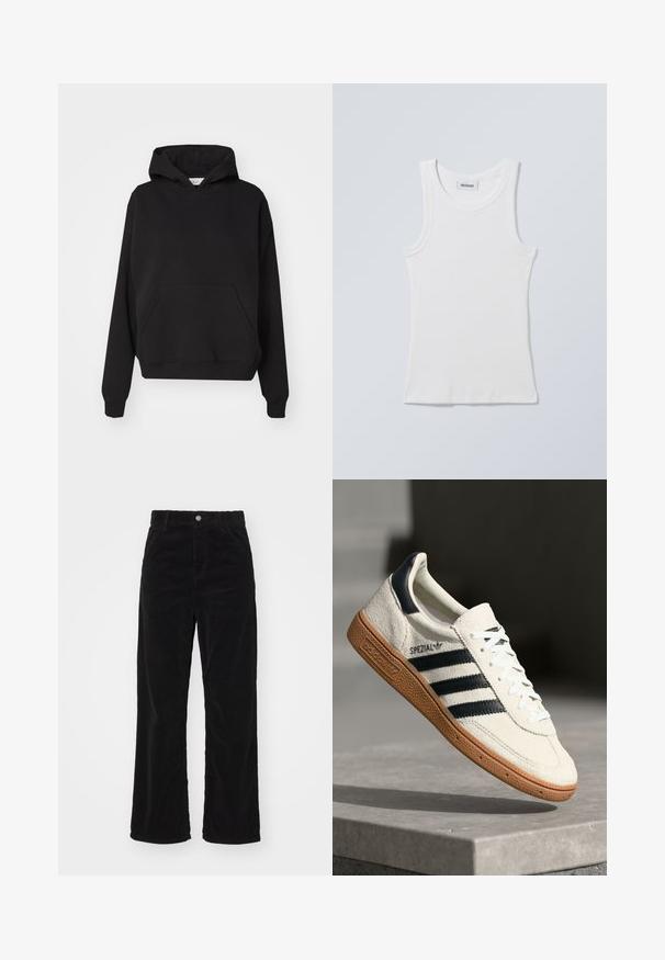 Gina Tricot ICONIC HOODIE - Kapuutsiga pusa - black; Valge puuvillane topp ümarate kaeluste ja laiade õlapaeltega. Omab soonikutekstuuri ja sirget alaosa. Silt on nähtaval kaelusel.; Musthave laiad mustris mustriga püksid mustast kõnnikangast, kõrge vöökoht, esipoolne nööp ja tõmblukk, vertikaalne ribade tekstuur ulatub üle kogu pükste.; Valge suede toss, millel on tumesinised triibud, kummist alus, tekstureeritud pealis, ümar varvas ja paelad; külgedel ja keelel on brändingu elemendid.