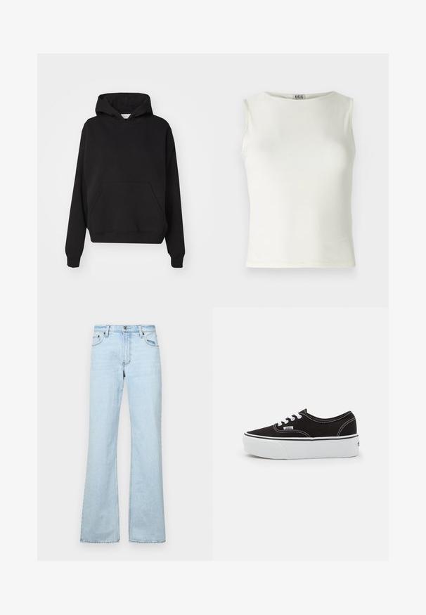 Gina Tricot ICONIC HOODIE - Kapuutsiga pusa - black; Valge ilma varrukateta tipp, mis on valmistatud siledast kangast, ümarate kaelustega ja puhaste servadega, keha lähedane siluett. Brändi silt on nähtav.; Heledad sinised flare-sinine teksad, mis on valmistatud denimist, viie taskuga, esiosa nööbiga kinnitusega ja õmbluste aktsentidega. Sujuva tekstuuri ja juhusliku disainiga.; Must musta tennis jalanõud valge kummi platvormi tallaga, valgete paelte ja õmblustega, ikoonilise kaubamärgiga küljes, madala lõikega disain.