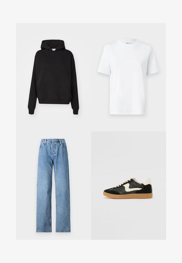 Gina Tricot ICONIC HOODIE - Hættetrøje - black; Hvid bomulds T-shirt med rund hals, kortærmet og en glat tekstur. Designet med en afslappet pasform for komfort og alsidighed.; Lyseblå denimjeans med højt liv, bred benåbning, fem-knaps lukning og bæltestropper. Stoffet har en glat tekstur med minimal falming.; Sorte ruskinds- og lædersneakers med en cremefarvet side-swoosh og lys cremefarvet hæl. Har beige snørebånd og en gummirubber-sål.