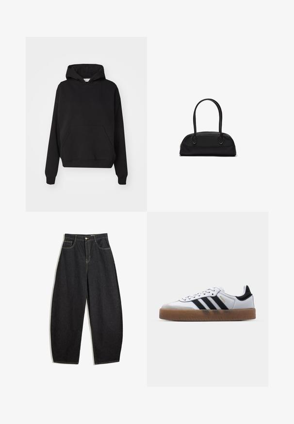 Gina Tricot ICONIC HOODIE - Mikina s kapucňou - black; Čierne riflové nohavice s širokými nohavicami a vysokým pásom, s žltými stehmi, dvoma prednými vreckami a jedným gombíkom na zapínanie.; Biele kožené tenisky s čiernymi pruhmi, gumová podrážka, okrúhla špička, šnurovanie a mäkký sivý semišový špička.; Čierna kožená kabelka s dlhými zaoblenými rúčkami a zakriveným obdĺžnikovým tvarom, vybavená horným zipsovým zatváraním.