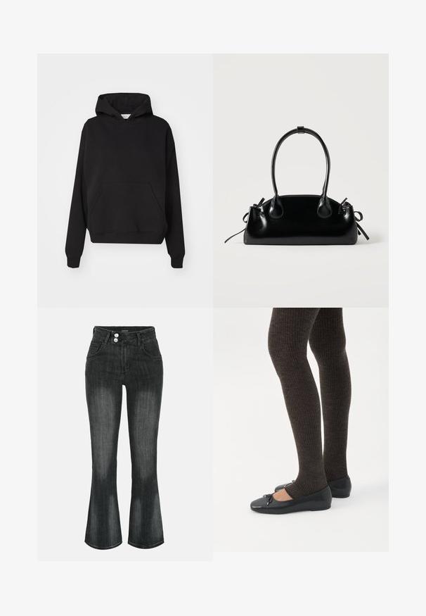Gina Tricot ICONIC HOODIE - Hoodie - black; Zwart gewassen denim jeans met hoge taille, dubbele knoopsluiting, voorzakken en licht uitlopende pijpen.; Benen met donkere geribbelde leggings gecombineerd met zwarte ballerina's met kleine strikdetails op een witte achtergrond.; Kleine zwarte glanzende handtas met twee lange hengsels en zijkant trekkoord details op een effen lichte achtergrond.