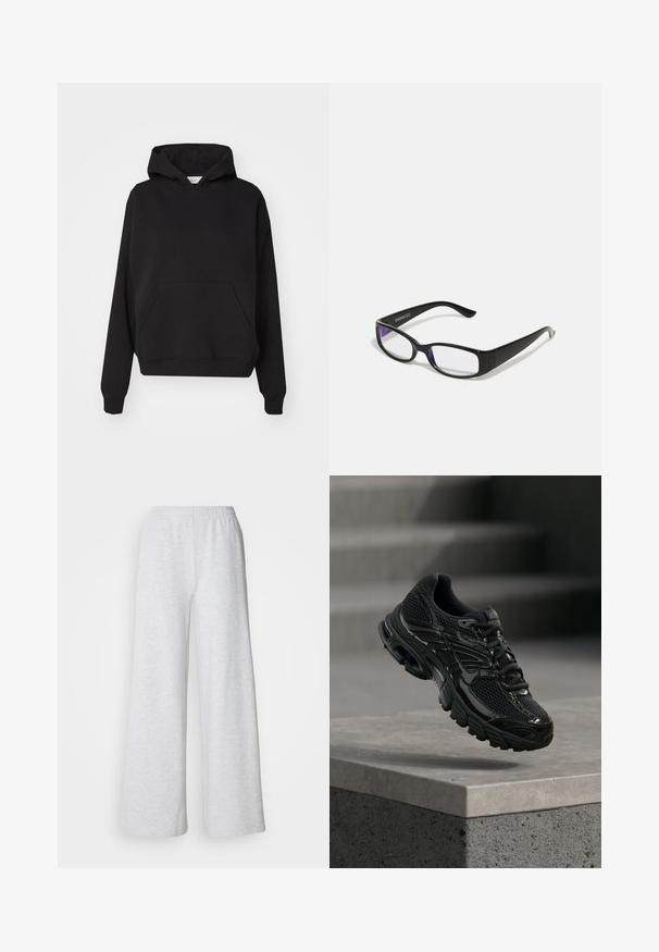 Gina Tricot ICONIC HOODIE - Kapuzenpullover - black; Helle graue weit geschnittene Hose mit elastischem Bund, aus weichem Stoff mit feiner Textur und ohne sichtbare Muster oder Akzente.; Schwarzer Nike Laufschuh mit Mesh- und Synthetik-Obermaterial, der über einer Betonfläche und Treppen im Hintergrund schwebt.; Schwarze rechteckige Brille mit klaren Gläsern. Glänzende Oberfläche, schmale Bügel und lila Tönung an den Rändern der Gläser sichtbar.