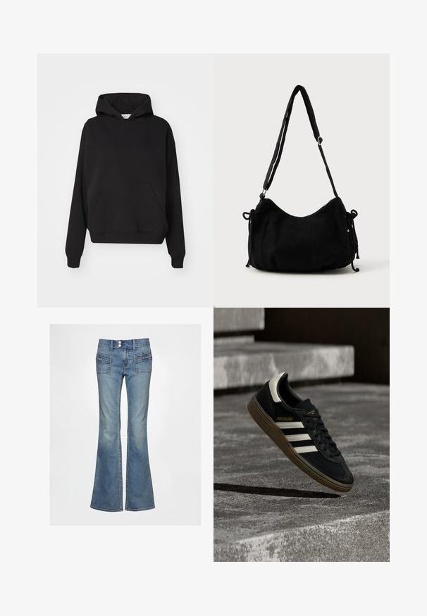 Gina Tricot ICONIC HOODIE - Jersey con capucha - black; Los vaqueros de mezclilla azul acampanados cuentan con una cintura alta, dos bolsillos delanteros con detalles texturizados y un cierre tradicional con botón.; Zapatilla negra de Adidas con rayas blancas y suela de goma flotando sobre escalones de concreto gris a la luz natural.; Bolso de hombro de pana negra con forma curva, correa ajustable y cierres de cordón en ambos lados para ajustar el tamaño.
