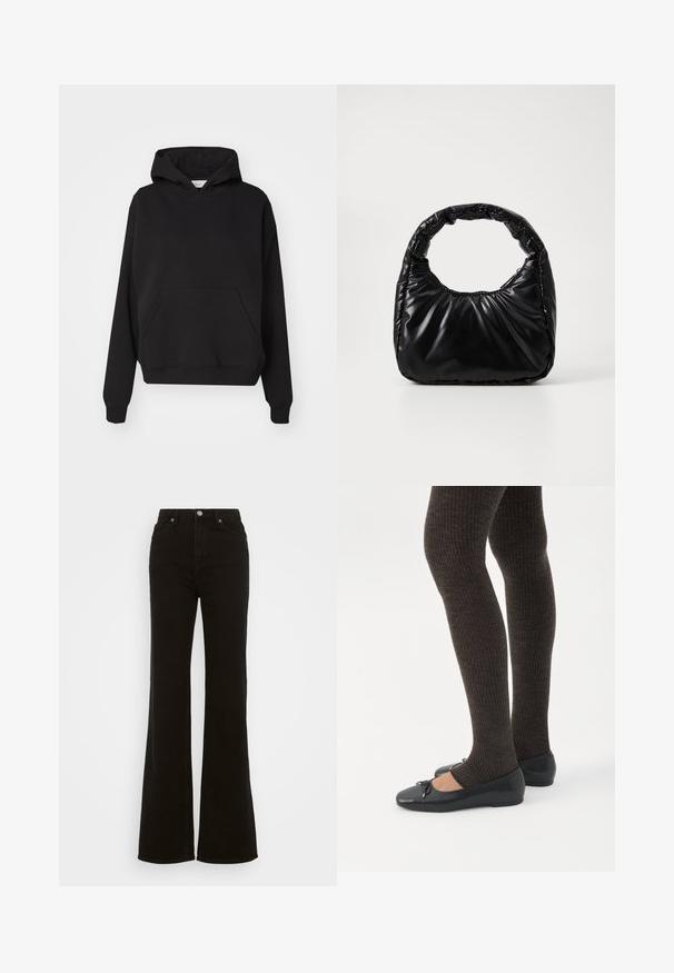 Gina Tricot ICONIC HOODIE - Kapuutsiga pusa - black; Kõrge talje ja mustad laiad teksad, mis on valmistatud denimist, neil on nupuga sulgur, küljetaskud ja sile tekstuur.; Jalad seljas tumedad soonelises soonelises kombines mustade baleriinadega, millel on väikesed paelade detailid valgel taustal.; Must mustaga, millel on ümar käepide, särav ja sile pind ning pehme quiltitud tekstuur. Nähtavaid metallosi ega aktsente ei ole.