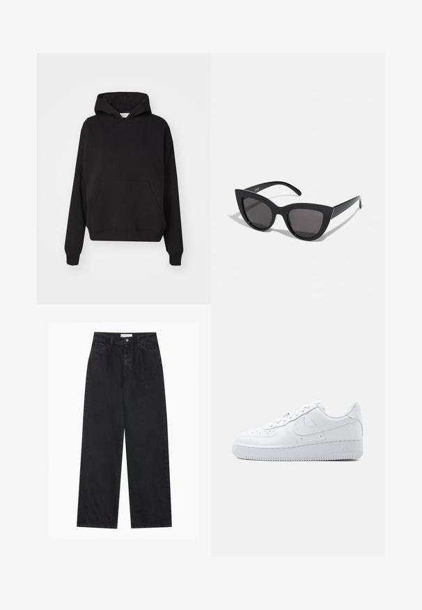 Gina Tricot ICONIC HOODIE - Hættetrøje - black; Sorte højtaljede bredbenede denimjeans med frontknap og lynlås, bæltestropper og fem-lomme stil.; Hvid Nike Air Force 1 sneaker med lavt snit, snørelukning, perforeret tåboks og karakteristisk Swoosh-logo på siden.; Sorte cat-eye solbriller med mat finish, der har grå tonede linser, skarpe vinkler og slanke sidearme. Mærkenavnet er synligt på den indre arm.