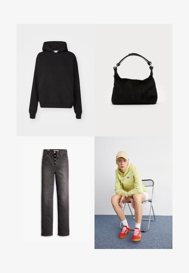 Gina Tricot ICONIC HOODIE - Jersey con capucha - black; Jeans negros de talle alto con diseño de pierna recta, hechos de denim. Cuentan con cierre de botón, detalles de hardware en color cobre y costuras en contraste.; Sudadera verde claro con logo, pantalones cortos blancos, zapatillas rojas con rayas blancas, sentado en una silla plegable de cromo contra un fondo neutral.; Bolso de mano de piel sintética negra con una textura suave, forma redondeada y una resistente correa de cuero negro para el hombro. Acentos de herrajes plateados visibles.