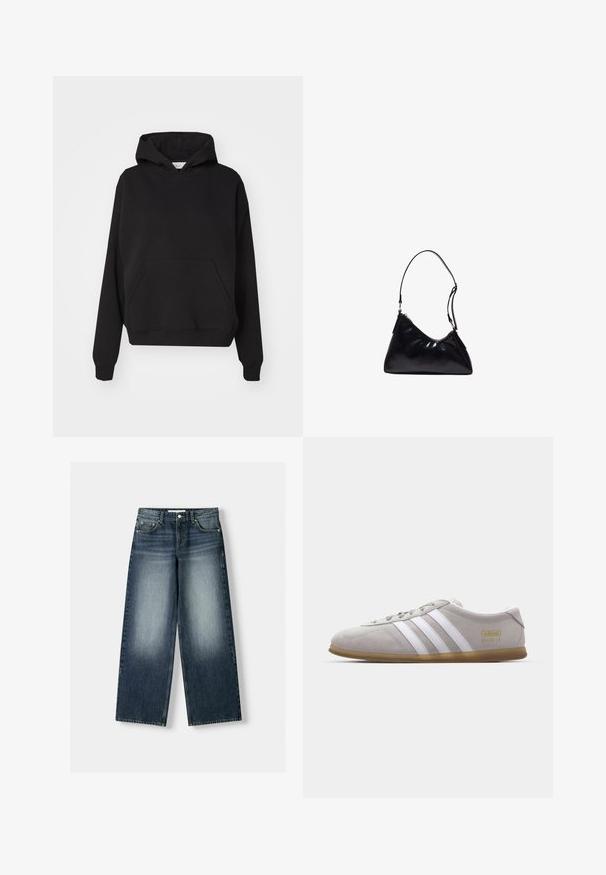 Gina Tricot ICONIC HOODIE - Hættetrøje - black; Bredde ben denim jeans i mørkeblå, med en falmet vaskeffekt. Fem-lommes design med knaplukning og bæltestropper.; Grå suedestøvle med hvide læderstriber og guldlogo-detalje. Flad gummisål, rund tå og klassisk snølukkedesign.; Sort skinnende læder skuldertaske med trekantet form og en enkel justerbar rem med sølv hardware.