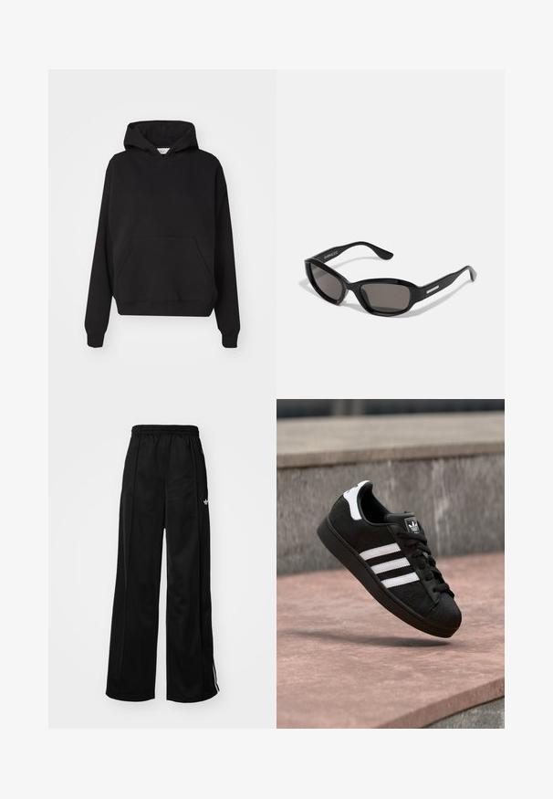 Gina Tricot ICONIC HOODIE - Hættetrøje - black; Sorte brede træningsbukser med elastisk talje, prydet med hvide side-striber og et lille logo på venstre hofte. Glat stofstruktur.; Sort Adidas-sneaker med hvide striber og hælkappe, fanget i luften over en rosa stenoverflade og en grå betonbaggrund.; Sorte solbriller med rektangulært stel, mørke linser, glat plastmateriale og en metalaccent på templet.