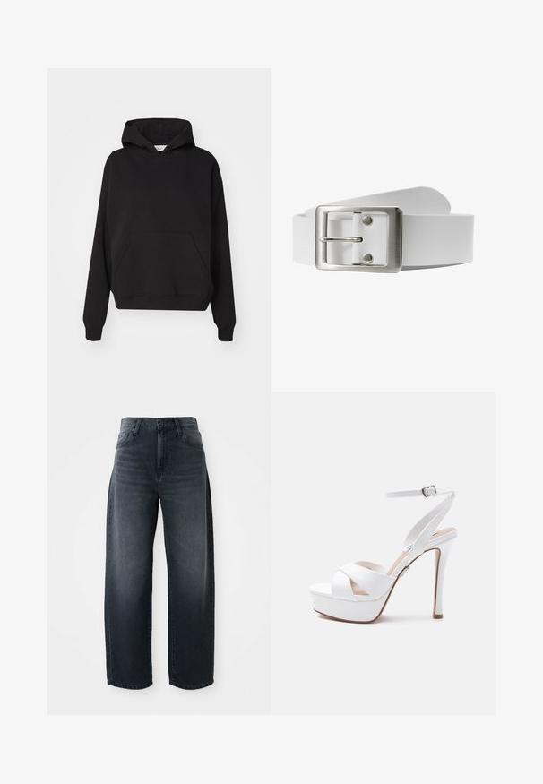 Gina Tricot ICONIC HOODIE - Mikina s kapucňou - black; Džínsy s voľným strihom v tmavom denime, vysoký pás, klasické zapínanie na gombík a zips, a jemné blednutie na prednej strane.; Biele platformové sandále na vysokom podpätku s členkovým remienkom a prackou, otvorenou špičkou a prekríženými remienkami na prednej časti.; Biely kožený opasok s obdĺžnikovou striebornou kovovou sponou a hrotom, s hladkou textúrou a minimalistickým dizajnom.