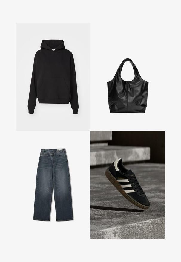 Gina Tricot ICONIC HOODIE - Hættetrøje - black; Mørk vaskede denim jeans med en bred benudskæring, der har høj talje, fem lommer og diskrete slidser på forsiden.; Sort Adidas-sneaker med hvide striber og gummisåler, svævende over grå betontrapper i naturligt lys.; Sort læder tote taske med en glat overflade, en blød, afrundet top og brede håndtag. Har minimal syning og en afslappet silhuet.