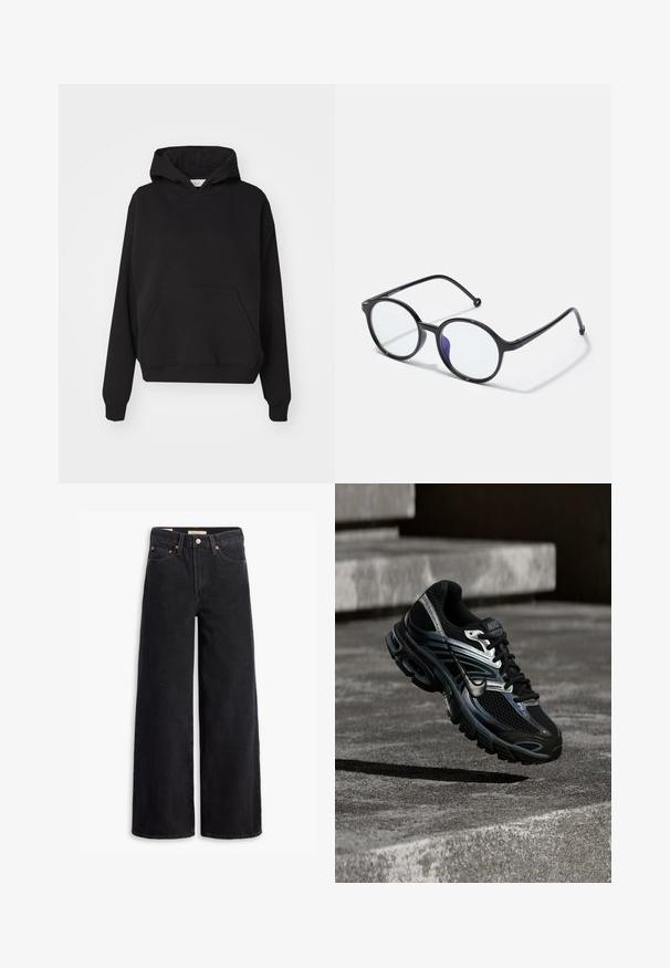 Gina Tricot ICONIC HOODIE - Hoodie - black; Zwarte brede jeans gemaakt van denim, met vijf zakken, koperen klinknagels en een klassieke knoopsluiting. Glad van textuur met een strakke uitstraling.; Zwart-zilveren Nike hardloopschoen zwevend boven betonnen trappen, met een gedetailleerd ontwerp en een getextureerde zool in een buitenomgeving.; Ronde zwarte bril met dunne monturen, heldere lenzen en een lichte paarse tint aan één kant; slank ontwerp met een gepolijste afwerking.