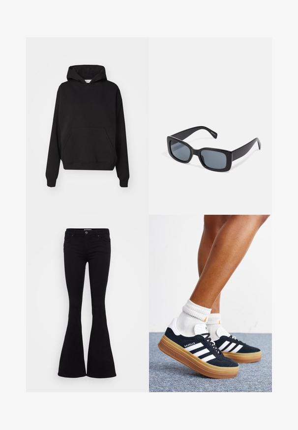 Gina Tricot ICONIC HOODIE - Kapuutsiga pusa - black; Mustad flared teksad sujuva kangaga, kesk kõrguse vöökoha, esipocketite ja nööpkinnitusega. Hem laieneb altpoolt.; Jalad valgete sokkide ja mustade Adidas Gazelle tossudega, millel on valged triibud ja paksud pruunid tallad, halli vaibaga põrandal.; Mustad mustad prillid tumedate läätsedega, paks plastikraam ja laiad templid. Sile pind ja nurgeline disain.