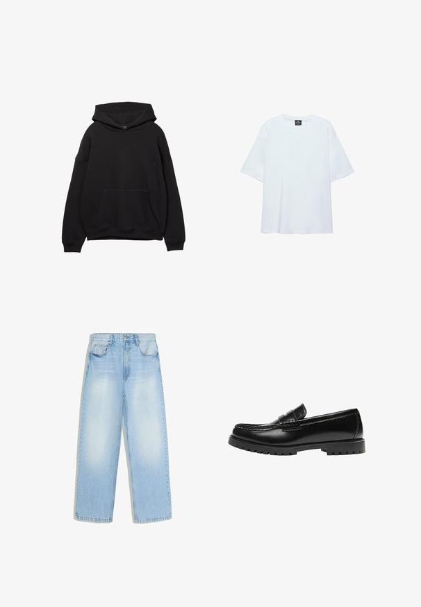 Schwarze Kapuzenjacke aus weichem Stoff, mit einer Vordertasche, verstellbarem Kordelzug an der Kapuze und gerippten Bündchen. Einfaches Design mit minimalen Details.; Schlichtes, weißes, übergroßes T-Shirt mit kurzen Ärmeln, rundem Ausschnitt und einem schwarzen Etikett innen am Kragen vor weißem Hintergrund.; Hellblaue Jeans mit weitem Bein, Fronttaschen, Gürtelschlaufen und ausgebleichten Stellen an Oberschenkeln und Knien.; Schwarzer Leder-Slipper mit dicker Gummisohle und klassischem Penny-Detail an der Riemen, von der Außenseite gezeigt.