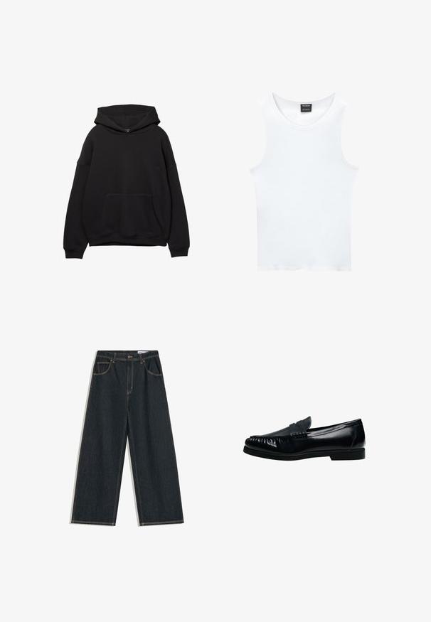 Sort hættejakke lavet af blødt stof, med en frontlomme, justerbar snøre i hætten og ribbede manchetter. Enkel design med minimal detaljering.; Hvid ærmeløs tanktop lavet af ribbet bomuld. Har en rund halsudskæring og en glat tekstur. Etiketten siger "PULL&BEAR."; Mørkeblå jeans med brede ben, forrest med knapper, lynlås og femlommedesign, med synlige gule syninger.; Sort herre penny loafer i læder med syninger på mok-toe og lav hæl, vist i sideprofil på hvid baggrund.