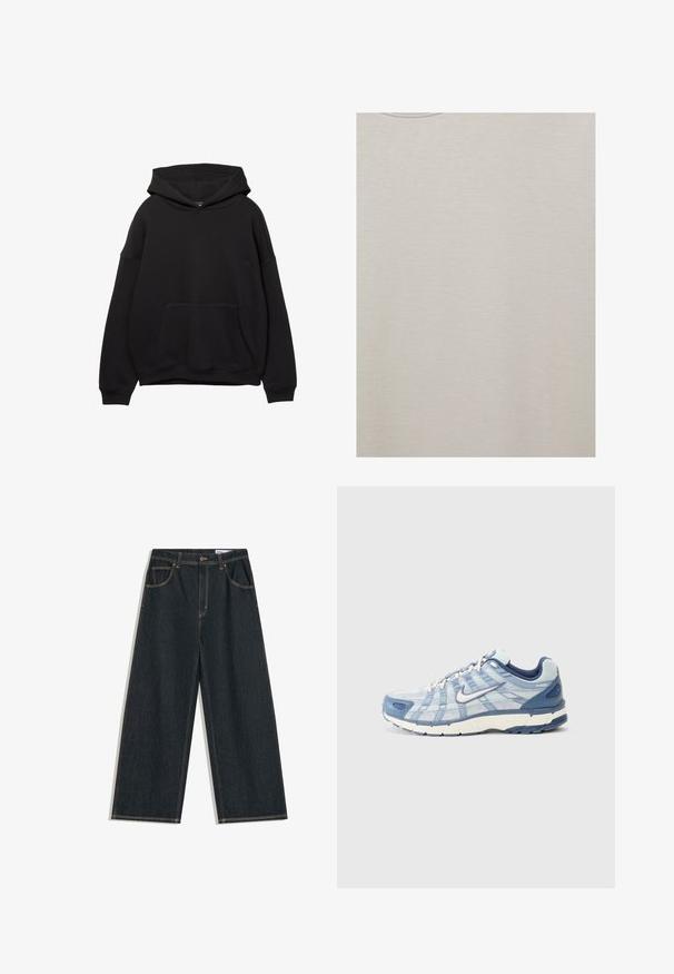 Sort hættejakke lavet af blødt stof, med en frontlomme, justerbar snøre i hætten og ribbede manchetter. Enkel design med minimal detaljering.; Beige t-shirt med rund hals og glat, ensartet stoftekstur, set forfra.; Mørkeblå jeans med brede ben, forrest med knapper, lynlås og femlommedesign, med synlige gule syninger.; Lysblå atletiksko med lagdelt mesh og syntetisk materiale, hvid sål, mørkeblå accenter og branding på siden.