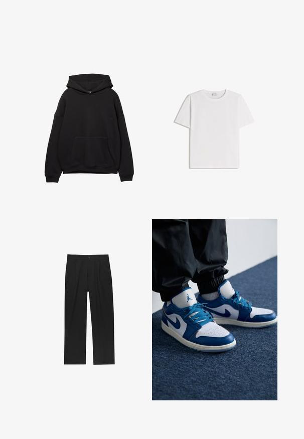 Schwarze Kapuzenjacke aus weichem Stoff, mit einer Vordertasche, verstellbarem Kordelzug an der Kapuze und gerippten Bündchen. Einfaches Design mit minimalen Details.; Weißes Baumwoll-T-Shirt mit Rundhalsausschnitt und kurzen Ärmeln. Klassische, kastige Form ohne sichtbare Muster oder Verzierungen.; Schwarze Hose mit geradem Schnitt, aus einem glatten Stoff gefertigt. Verfügt über Vorderfalten und einen einzelnen Knopfverschluss an der Taille.; Die Nike Air Jordan Sneakers verfügen über eine weiße Lederbasis mit blauen synthetischen Akzenten, einer perforierten Zehenbox und blauen Schnürsenkeln.
