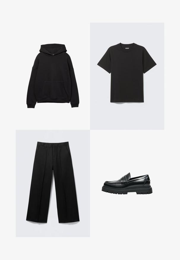 Sort hættejakke lavet af blødt stof, med en frontlomme, justerbar snøre i hætten og ribbede manchetter. Enkel design med minimal detaljering.; Simpel sort kortærmet bomulds T-shirt med rund halsudskæring og mærket "WEEKDAY" indeni kraven på en lys grå baggrund.; Sorte vidde-bukser med bæltestropper, forlommer og lynlås foran, vist på en lysegrå baggrund.; Sort læder-loafer med tyk rillede sål og penny remdetaljer, vist fra siden på hvid baggrund.