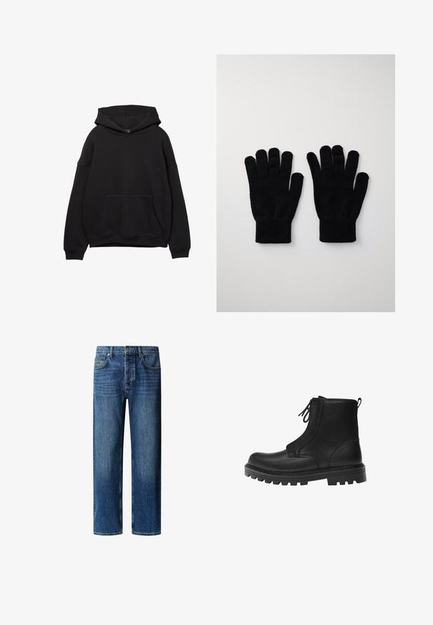Schwarze Kapuzenjacke aus weichem Stoff, mit einer Vordertasche, verstellbarem Kordelzug an der Kapuze und gerippten Bündchen. Einfaches Design mit minimalen Details.; Blaue Jeans aus Denim mit geradem Bein, ausgestattet mit klassischem Fünf-Taschen-Design, Metallschließen und dezentem Ausbleichen des Stoffes.; Schwarzer Leder-Stiefelette mit dicker Profilsohle, vorderer Schnürung und Zuglasche hinten, seitlich dargestellt.; Schwarze Strickhandschuhe mit offenen Fingern und gerippten Handgelenkabschlüssen. Glatte Textur, Standardpassform und einfaches Design. Ideal für kaltes Wetter.