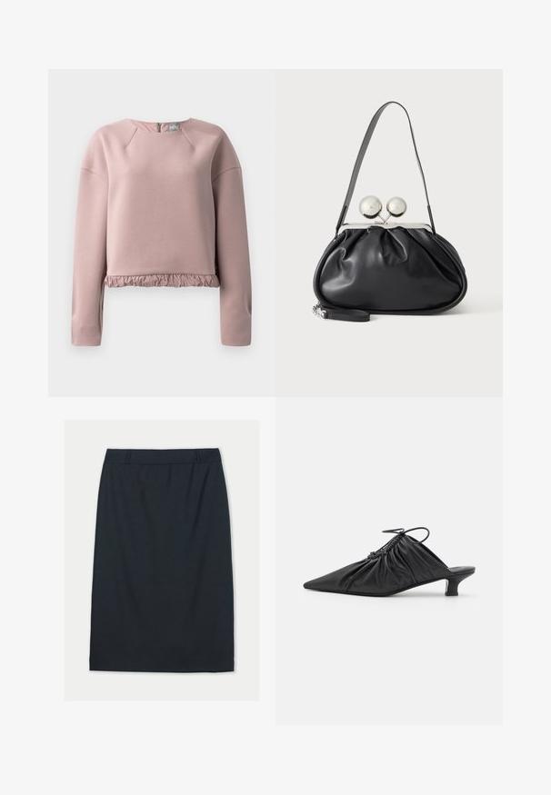 Helles rosa Sweatshirt aus weichem Material, mit Rundhalsausschnitt, langen Ärmeln und einem rüschengestalteten Saum. Mit Reißverschluss-Detail hinten.; Schwarzer knielanger Bleistiftrock mit Gürtelschlaufen, geradem Schnitt und glattem Stoff, dargestellt vor weißem Hintergrund.; Schwarze Leder-Mules zum Hineinschlüpfen mit spitzer Zehe, geraffter Textur und kleinem Kitten-Heel. Verfügt über ein Zugbanddetail am Öffnung.; Schwarze Ledertasche mit gerafftem Design, einem einzelnen Riemen, silbernem Metallrahmen und zwei großen runden silbernen Verschlüssen.
