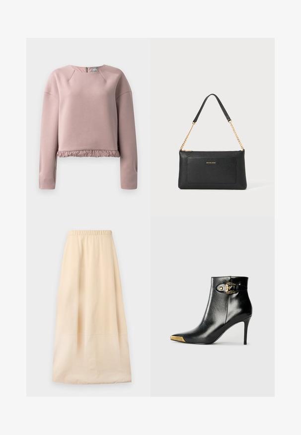 Lys pink sweatshirt lavet af blødt materiale, med rund halsudskæring, lange ærmer og en flæse kant. Bagtil med lynlåsdetalje.; Beige lang nederdel med elastik i taljen og diskret sømdetalje, vist fladt på en lys baggrund.; Sort ankelstøvle lavet af skinnende læder med spids tå, stilet hæl og guldfarvet hardware med en dekorativ spænde-detalje.; Sort læder clutch med pebble-tekstur, guld kædestrop og en frontlomme. Har et guld logo på forsiden.