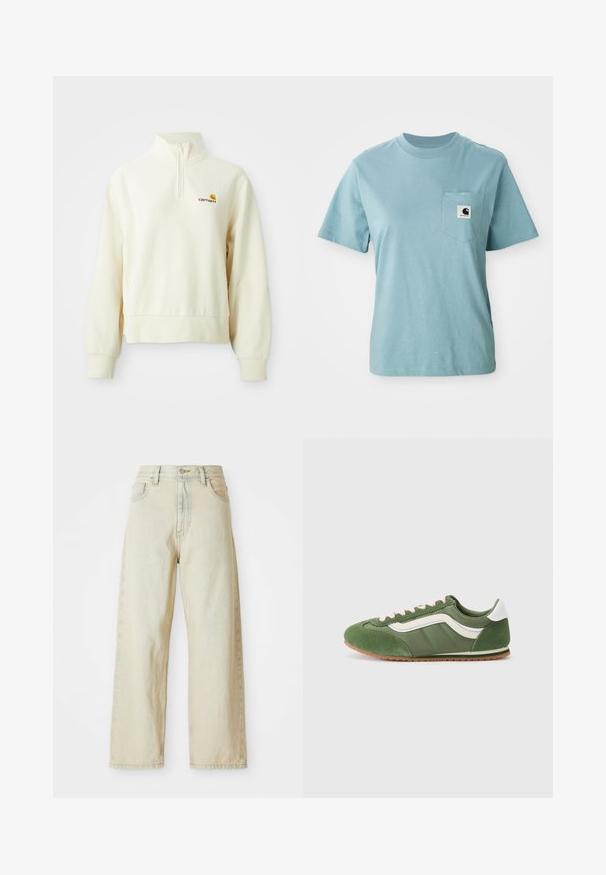 Cremefarvet pullover med høj krave og halv lynlås. Har ribbede manchetter og et logo på venstre brystområde. Blød, glat tekstur.; Lyseblå kortærmet bomulds T-shirt med brystlomme og et lille sort-hvidt Carhartt logo patch.; Løse denimjeans i en lys beige nuance med forlommer, høj talje og subtile syninger. Fremstillet af struktureret denimstof.; Grønne sneakers med en blanding af tekstureret ruskind og glat stof, med hvidt accent, lyserøde snørebånd og en brun gummisål.
