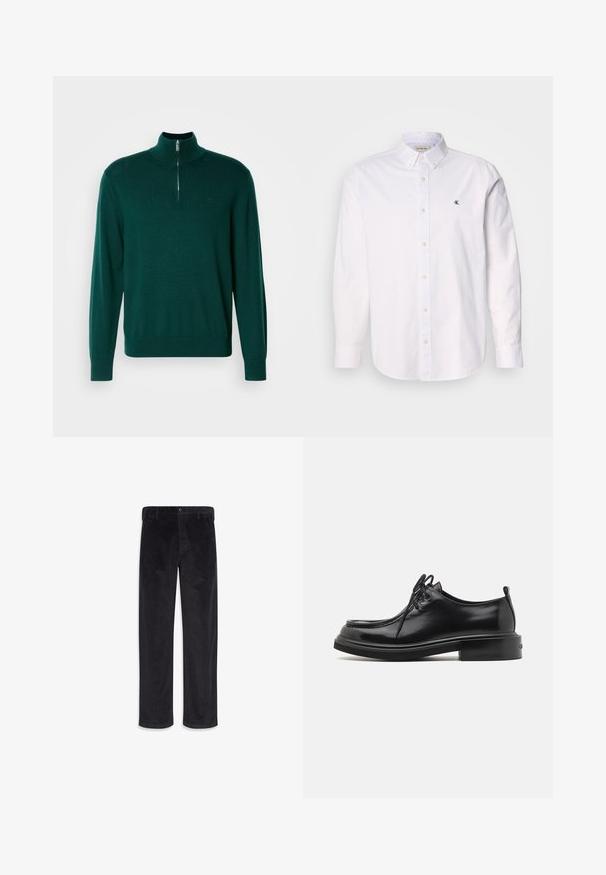 Chaqueta de punto de color verde oscuro con cremallera, cuello alto, mangas largas y puños acanalados. Fabricada con un tejido de punto suave y ligero. Detalle de logo sutil.; Camisa blanca de algodón, con cuello clásico, mangas largas y un pequeño logo de CK en el lado izquierdo del pecho. Textura suave.; Pantalones negros de pana de pierna recta con cierre de botón y cremallera, trabillas para cinturón y bolsillos laterales.; Calvin Klein LACE UP APRON BRUSH OFF - Zapatos de vestir - black