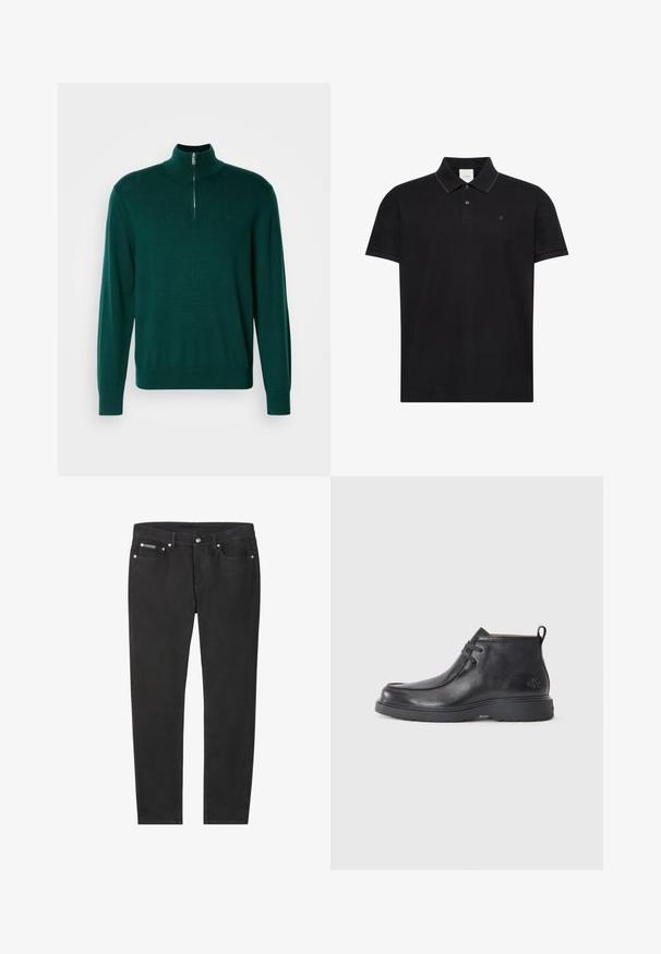 Un pull zippé vert foncé avec un col haut, des manches longues et des poignets côtelés. Fabriqué en un tissu tricoté lisse et léger. Détail de logo subtil.; Polo noir à manches courtes avec col, deux boutons, des bordures contrastantes discrètes sur les bords du col et un petit logo "ck" sur la poitrine.; Jean noir droit avec cinq poches, fermeture bouton et zip, coutures visibles, et petit logo Calvin Klein sur la poche avant.; Bottes noires en cuir à talon arrondi, avec un design à lacets et une languette à l'arrière. Tige texturée et semelle en caoutchouc.