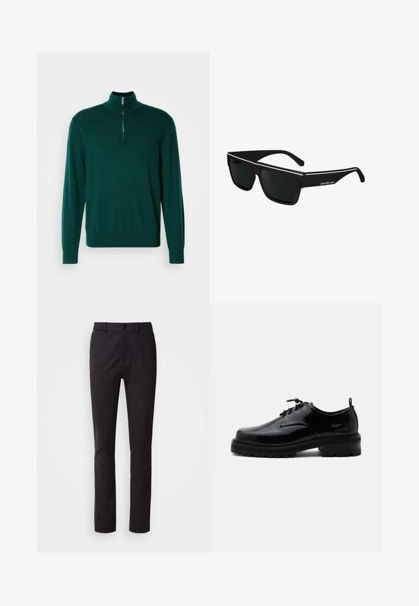 Mørkegrøn zip-up sweater med høj krave, lange ærmer og ribbede manchetter. Fremstillet af et glat, let strikket stof. Subtilt logo detalje.; Sorte bukser med lige ben, foran knap, bæltestropper og sidelommer, vist på en hvid baggrund.; Sort poleret læder snørestøvle med tyk gummisål og lav hæl, sideskilt med mærketekst "SAMSOE" og bageste træksnor.; Calvin Klein Jeans Solbriller - black
