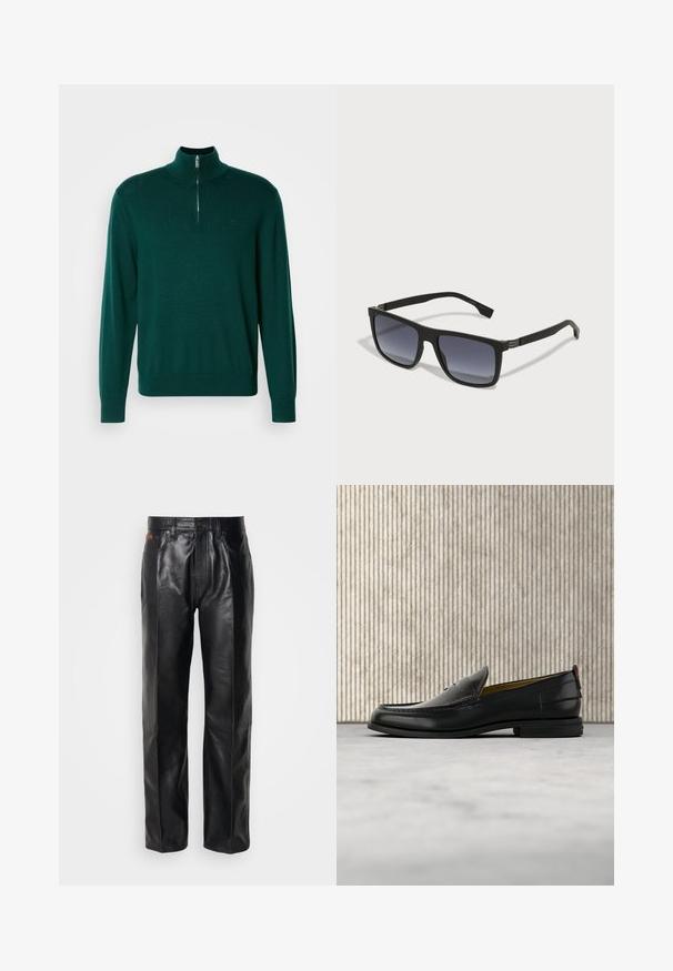 Mørkegrøn zip-up sweater med høj krave, lange ærmer og ribbede manchetter. Fremstillet af et glat, let strikket stof. Subtilt logo detalje.; Sorte læderbukser med lige ben design. Funktioner inkluderer knaplukning og forlommer, der fremhæver en glat tekstur og minimal syning.; Sort læder herreloafer med krokodillepræget forstykke og lav hæl, vist i profil på en neutral baggrund.; Sorte rektangulære solbriller med gradient mørke linser. Mat finish, metal detaljer på hængslerne og et slankt design. Ingen synlige logoer.