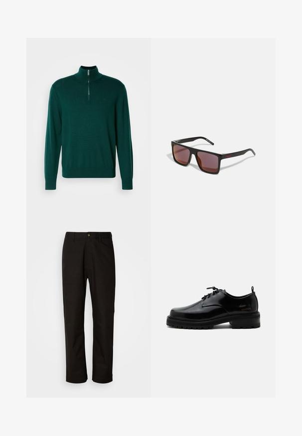 Un pull zippé vert foncé avec un col haut, des manches longues et des poignets côtelés. Fabriqué en un tissu tricoté lisse et léger. Détail de logo subtil.; Pantalon en coton noir avec une coupe droite, des passants de ceinture, une fermeture éclair à l'avant et un seul bouton. Texture lisse sans motifs visibles.; Chaussure en cuir noir poli à lacets, semelle en caoutchouc épaisse et talon bas, texte de marque "SAMSOE" sur le côté et languette arrière.; Lunettes de soleil rectangulaires noires avec des verres rouge foncé, présentant une finition mate et un logo rouge sur la branche. Monture en plastique robuste.