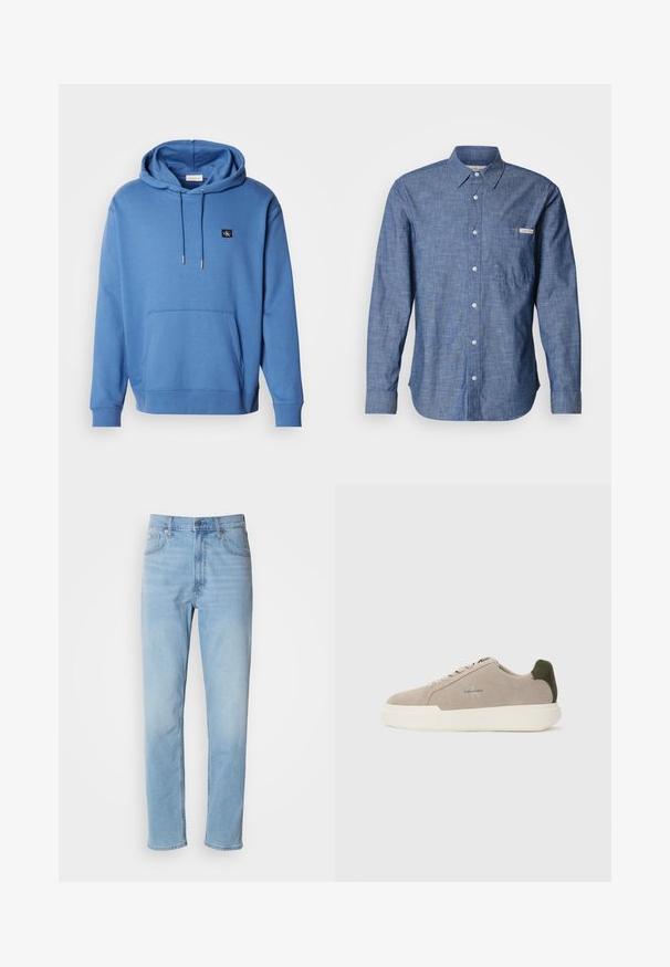 Blaue Baumwollkapuzenjacke mit einer Fronttasche und Kordelzugkapuze. Verfügt über ein kleines gesticktes Logo auf der Brust und gerippte Bündchen. Weicher Stoff.; Blaues langärmliges Hemd mit Knöpfen aus leichtem, strukturiertem Stoff. Verfügt über eine Tasche auf der linken Brust und ein kleines Logoetikett. Die Knöpfe sind hell.; Hellblaue Jeans mit geradem Schnitt, fünf Taschen und Gürtelschlaufen. Der Stoff hat eine glatte Textur mit einem leichten Verblassungseffekt.; Beige Wildledersneaker mit einer weißen Gummisohle, die einen dunkelgrünen Akzent an der Ferse und dezente Markenaufschrift an der Seite aufweisen.