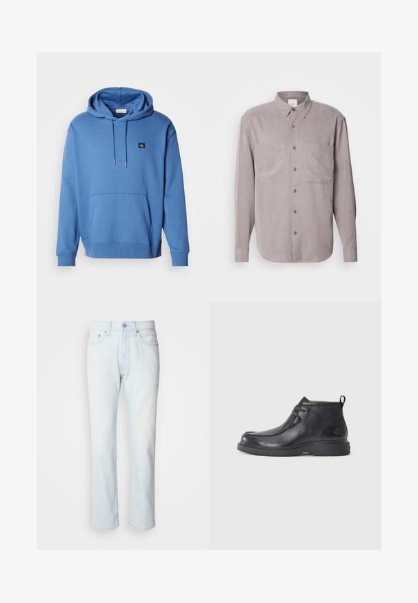Blaue Baumwollkapuzenjacke mit einer Fronttasche und Kordelzugkapuze. Verfügt über ein kleines gesticktes Logo auf der Brust und gerippte Bündchen. Weicher Stoff.; Langärmliges Hemd in gedämpftem grauen Stoff, ausgestattet mit zwei Brusttaschen, einem klassischen Kragen und tonalen Knopfverschlüssen.; Hellblaue Jeans mit geradem Bein. Verfügt über einen Knopfverschluss und Gürtelschlaufen, präsentiert eine ausgebleichte Textur und minimale Nähte.; Schwarze Leder-Stiefel bis zur Knöchel mit runder Zehenform, Schnürdesign und einer Ziehlasche auf der Rückseite. Strukturiertes Obermaterial und Gummisohle.