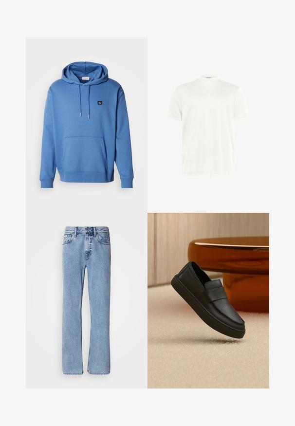 Sudadera de algodón azul con un bolsillo frontal y capucha ajustable con cordón. Presenta un pequeño logo bordado en el pecho y puños acanalados. Textura suave.; Camiseta blanca de cuello redondo hecha de tela suave. Mangas cortas, sin estampados. Diseño simple con dobladillo recto y detalles mínimos.; Jeans de mezclilla azul claro con un diseño de pierna recta, cinco bolsillos y cierre de botón. Detalles de costura cerca de los bolsillos y la cintura.; Zapato mocasín de piel negra tipo slip-on con una tira sobre la parte superior, colocado sobre una alfombra beige y junto a una mesa redonda marrón.